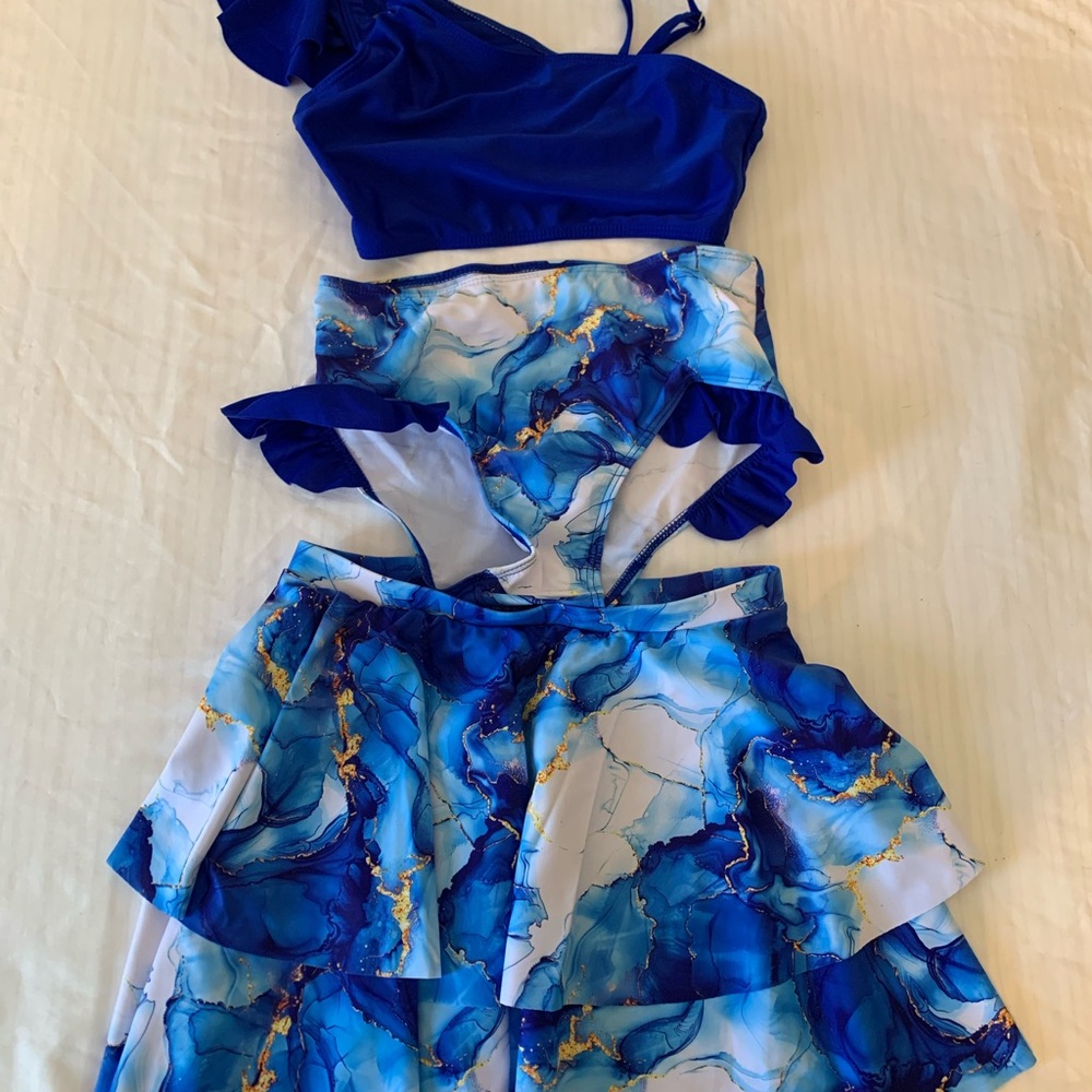 Amazon Girls 3 piece swim Set - Blue and Gold Marble